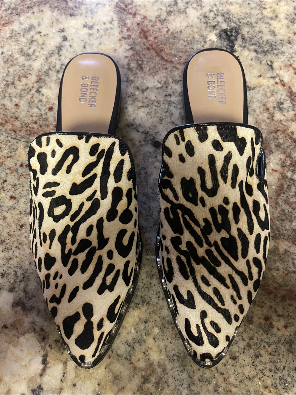 Bleecker & Bond Leopard Print Slip-On Mules - Black & Cream size 9M